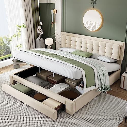 QQU 6FT Super King Size Bed Frame with Underbed Storage Space & Draw, Ottoman Bed with Adjustable Headboard Height, Upholstered Fabric, Bedroom Furniture, Easy Assembly, No Mattress,180 x 200cm, Gream