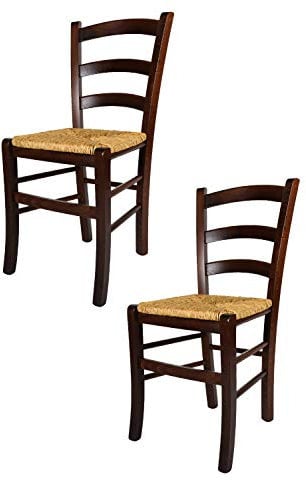 t m c s Tommychairs - 2er Set Stühle Venezia für Küche und Esszimmer, Robuste Struktur aus lackiertem Buchenholz im Farbton Dunkles Nussbraun und Sitzfläche aus Stroh