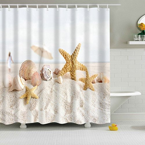 JameStyle26 Duschvorhang Vorhang Digitaldruck inkl. Vorhangringe Anti Schimmel vers. Motiven Badezimmer Badewanne (Seestern, 180 x 200 cm)