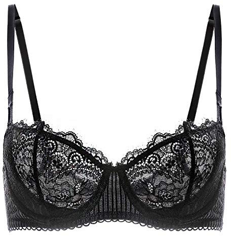 DOBREVA Women's Lace Balconette Bra Half Cup Non Padded Push Up Underwire Sheer Bras Black 32B