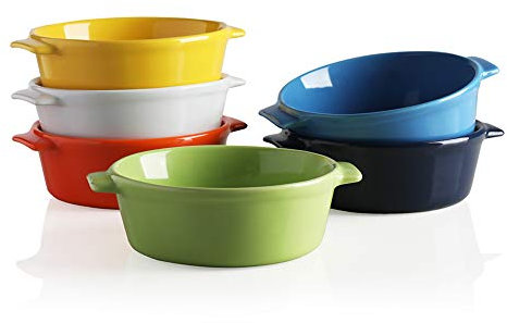 Sweejar Home Ceramic Souffle Dishes, Round Handle-Ramekins-Baking, 300ml for Pudding,Creme Brulee,Souffle - Set of 6 (Multicolour)