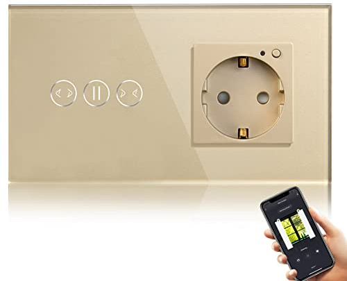 BSEED WiFi Smart Alexa Vorhang Schalter mit Steckdose, Kompatibel mit Google Home Tuya, Glas Touchscreen-schalter Wlan Jalousien Schalter (Neutrale Leitung Benötigt) Gold