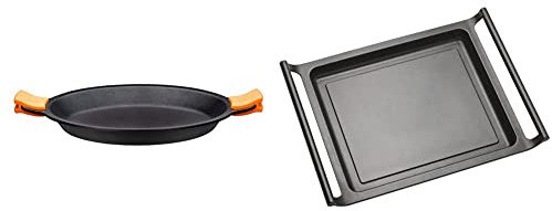 Bra Paellera, Aluminio Fundido, Negro, 40 Cm + Efficient Plancha Asador Liso, 45 Cm, Aluminio Fundido Con Antiadherente Teflon Platinum Plus