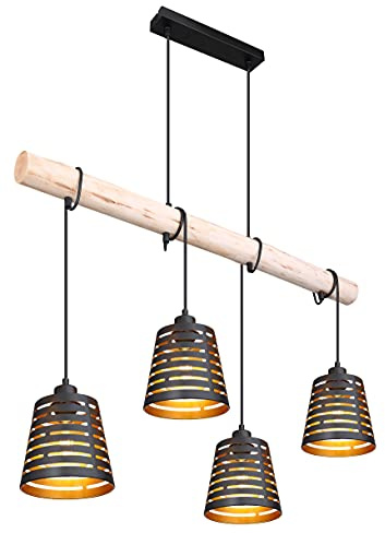 Globo Hängeleuchte Esszimmer 85 cm Metall schwarz matt Holz natur Metall schwarz matt goldfarben Kabel zum Herumwickeln 15451-4H
