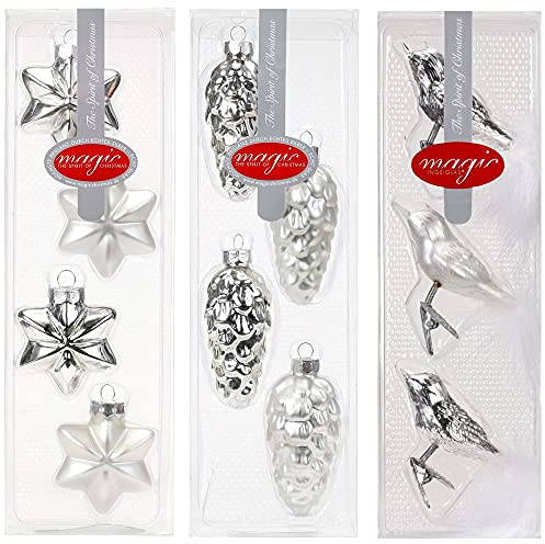 Inge-glas Magic, Formenset, 11-teilig, Vögel Box mit 3 Stück - ca. 8cm, Stern Box mit 5 Stück - 6cm und Zapfen Box mit 4 Stück - 9cm, Material: echtes Glas, innen versilbert, außen lackiert (Silber)