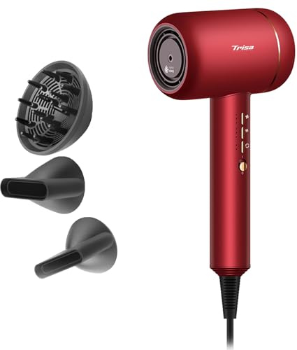 Trisa Ionen Föhn Haartrockner 18L/s, Bürstenloser Motor, 3 Düsen, Rot | Bürstenloser Motor, Nano-Wasserionen, PID-Temperaturkontrolle 100x/Sek, NTC-Hitzeschutz; Auto-Modus, 3 Magnetdüsen inkl.