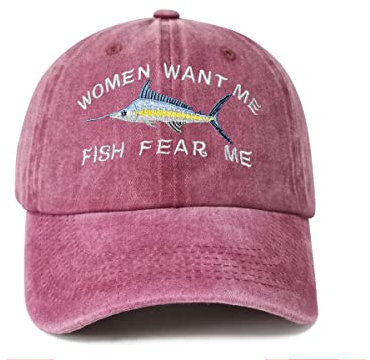 Enodtter Bestickte Frauen-Baseballmützen mit Aufschrift Want Me Fish, Women Want Me Fish Fear Me - Burgunderrot, Einheitsgröße