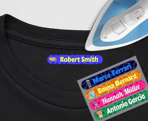 50 Etiquetas Adhesivas para Ropa Personalizadas. Medida 6 x 1 cm. Pegatinas termoadhesivas para planchar. (Banderas)