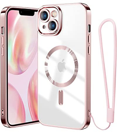 Meifigno Clear für iPhone 14 Plus Hülle [Kompatibel mit MagSafe & Anti Vergilbung][ Handschlaufe Lanyard] Clear Back mit Weichen TPU Hülle kompatibel mit iPhone 14 Plus für Frauen Mädchen, Rose Gold