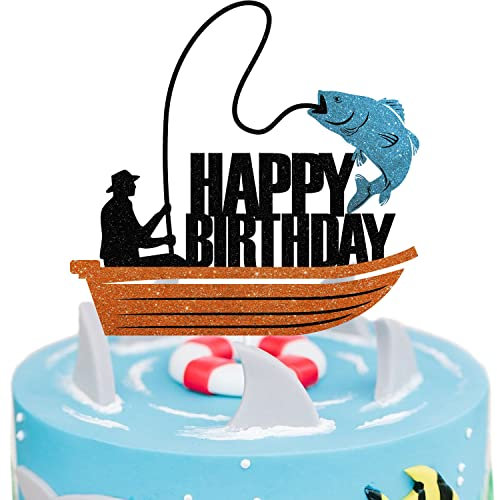 Gone Fishing Happy Birthday Cake Decoration, Fisherman Angling Cake Topper Birthday Glitter Party Decorations