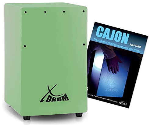 XDrum KC-37GN Kinder-Cajon Set - Kleine Cajon speziell für Kinder - Nur 36 cm hoch - Snare-Effekt durch stimmbare Gitarrensaiten - Spar-Set mit Cajon-Schule für Einsteiger - Grün
