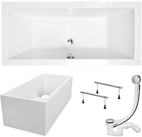 KOLMAN Badewanne QUADRO Rechteck 180x80 mit Wannenträger, Ablaufgarnitur und Füßen Komplettset 4in1 Premium Original Acryl Wanne Siphon