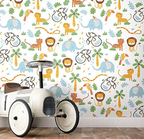 NEWROOM Papier peint Coloré Animaux Intissé - Enfants Blanc Jungle Zoo Tropical