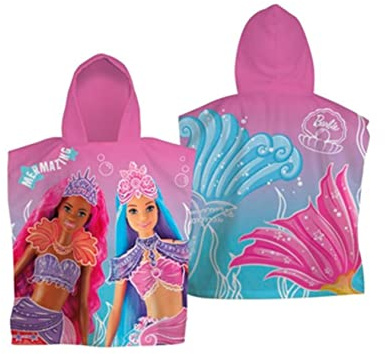 Barbie Official Mermaid Hooded Towel Poncho - Super Soft Changing Robe for Kids, Pool, Beach & Bath