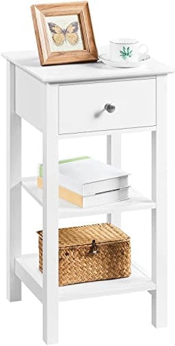 Yaheetech Narrow Bedside Table, Slim Nightstand Cabinet Unit with 1 Drawer & 2 Shelves, Wood Sofa End Side Table with Storage for Living Room/Bedroom/Hallway/Lounge/Small Space, White, 35×35×70cm