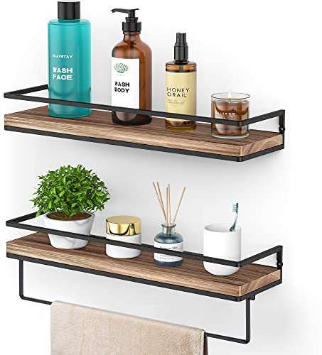 Meangood Schweberegale, Wandmontage, 2er-Set, Wandregal mit Handtuchstange, rustikales Holz, Hängeregal, Holzregal für Schlafzimmer, Wohnzimmer, Badezimmer, Küche, Fackelholz