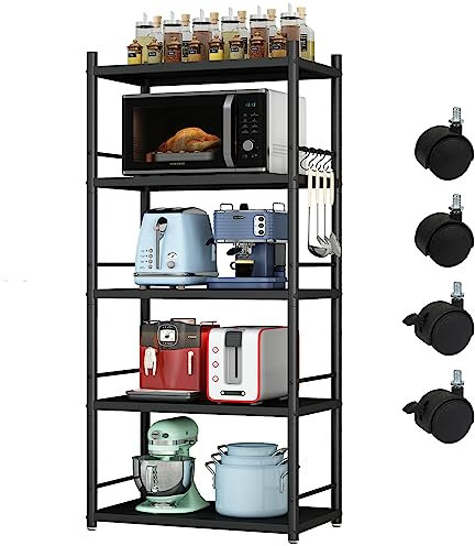 Küchenregal aus Metall, Standregal verstellbaren Ablagen, Lagerregal mit 4 Haken und 4 drehbaren Rollen, Regal für Mikrowelle, für Bad, Küche, Wohnzimmer, Schlafzimmer, Balkon(schwarz, 5 Etagen)