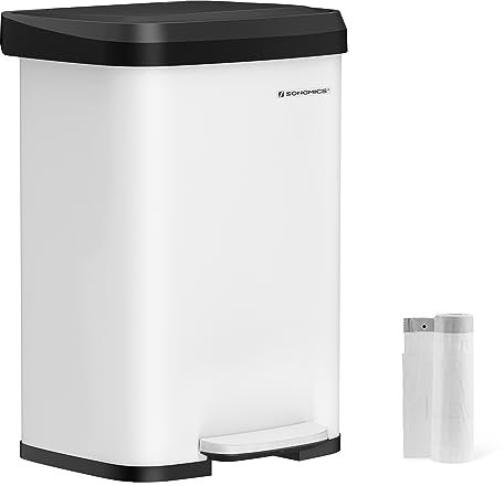 SONGMICS Cubo de Basura de Cocina, 50 L, Cubo de Basura de Metal con Pedal y Tapa, Alto y Grande, Blanco y Negro LTB530W5002