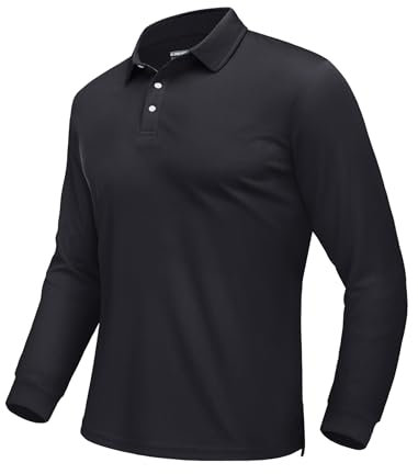 EKLENTSON T Shirts for Men Long Sleeve Casual Polo Shirts Breathable Wicking Sports Golf Shirts Quick Dry Work Polo Tops with 3 Buttons Black,2XL