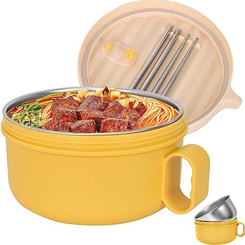 Disnace Cuenco de Ramen con Tapa (Incluye Palillos), 1200ml Ensaladeras de Acero Inoxidable separable Cuenco de Cereales, Vajilla de Cocina Japonesa con Asa, para Sopa Fideos Pho (Beis Amarillo)