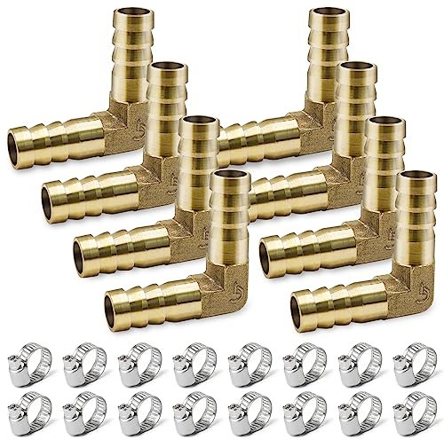 GZhaizhuan 8 conectores de manguera, 10 mm, 2 vías, en forma de L, codo de 90 grados, latón, para líquidos y gas, con 16 abrazaderas
