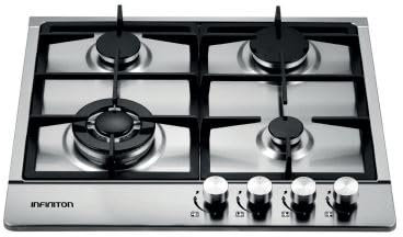 Infiniton Placa de gas GAS-A4FD Inox, 4 Fuegos, Encendido eléctrico, Superficie cocción de acero inoxidable, Seguridad termopar, parrilla de hierro fundido (4 Fuegos | GAS-A4FD)