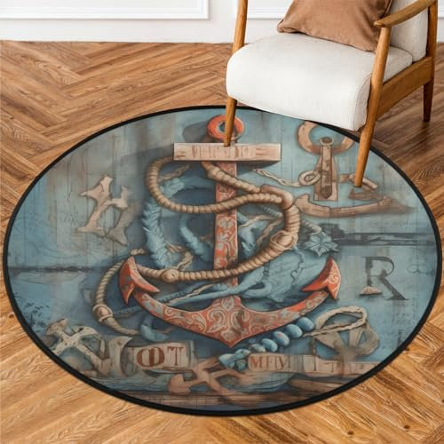 WowPrint Runde Teppiche Wohnzimmer, Vintage Nautischer Anker Bereich Teppich Waschbar rutschfeste Bodenmatte Großer Teppich für Schlafzimmer 160cm
