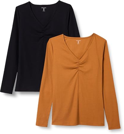 Amazon Essentials Women's Cinched V-Neck Long-Sleeved, Slim-fit, Rib-Knit T-Shirt, Pack of 2, Black/Caramel, XL