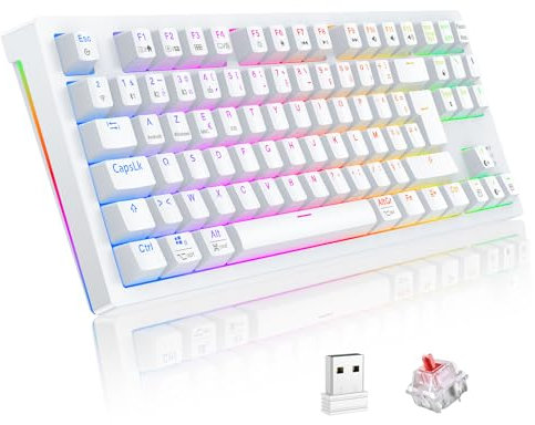 TECURS Clavier Gamer Mécanique sans Fil TKL AZERTY, Programmable Clavier Gaming RGB Filaire/Bluetooth/2.4Ghz, Clavier de Jeu 80% Switch Rouge pour PC Win/Mac/Android/iOS