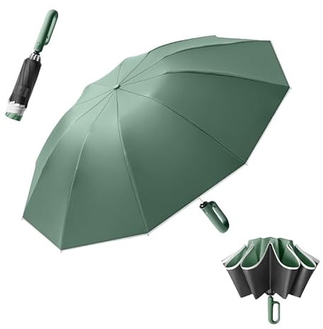Umgekehrter Reverse Golf Regenschirm 10 Rippen groß–Automatisches Öffnen/Schließen, Umbrella, Karabinergriff Herren und Damen,UV Schutz Sonnenschirm Taschenschirm UPF 50 Reflektoren Am Rand