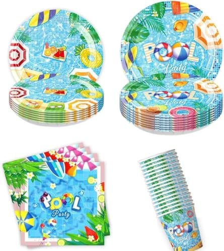 JUNBAOYYDS Set de vaisselle de fête pour la piscine, pour anniversaire d'enfant, assiettes en carton, gobelets, serviettes pour anniversaire d'enfant (Hellgreen)