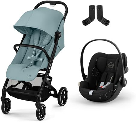 CYBEX Gold Kinderwagen Beezy, Ab Geburt bis ca. 4 Jahre,Stormy Blue, Inkl. Beezy Adapter und CYBEX Gold Babyschale Cloud G i-Size Inkl. Neugeboreneneinlage, ab Geburt bis ca. 24 Monate, Moon Black