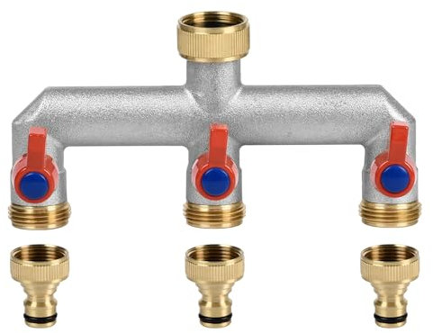 3/4 Inch 3 Way Brass Tap Splitter, Hose Tap Splitter Connection with 3 Individual Valves On/Off and Three Quick Connector for Garden Kitchen Faucet Watering System