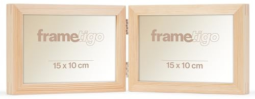 Frametigo – Doppelbilderrahmen im Querformat aus Massivholz Kiefer Natur, 15x10cm – Echtglas mit polierten Kanten – Samtrückwand & Aufsteller – Stilvoller Holzrahmen mit verstärkter Eckverbindung