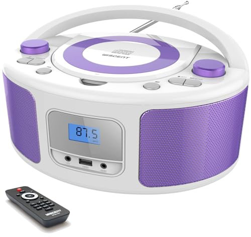 CD Radio Portable CD Player Boombox with Bluetooth,FM Radio,USB MP3 Playback,3.5mm AUX Headphone Jack and USB Input, CD-MP3/CD-R/CD-RW Compatible(White+Purple)
