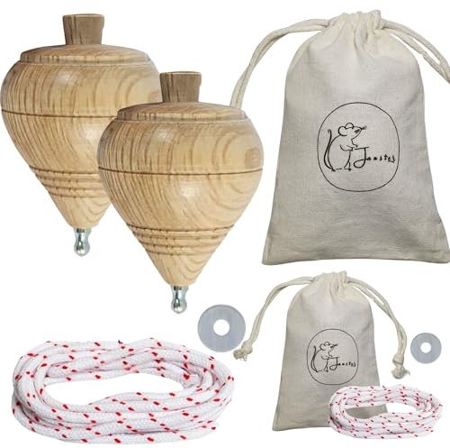 Janster® Trottola in legno di Encina, set 2 trottole per bambini + rondelle, borse e corde | tropo di legno tradizionale - tromba classica per bambini e adulti - kit manuale per ragazze - punta in