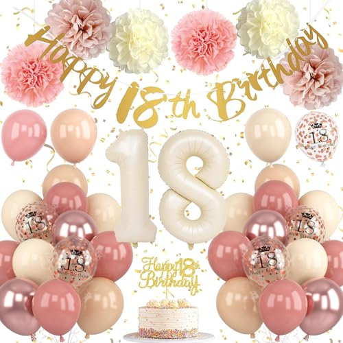 Froova 18th Birthday Decorations for Girl Retro Blush Pink Birthday Balloons Happy 18th Banner Cake Topper Pom Poms Dusty Rose Gold Number 18 Balloon for Her 18 Year Old Bday Party Decoration Supplies