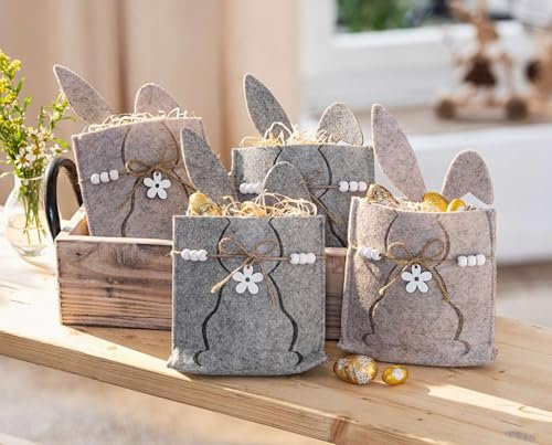 Dekoleidenschaft 4x Filzbeutel Osterhase, grau & beige, Filz aus recyceltem PET, Geschenbeutel, Osterdeko, Geschenktasche