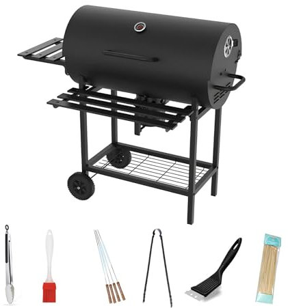 Grill Holzkohlegrill, Grillwagen XXL, Outdoor BBQ Grills Holzkohle Grill Multifunktionaler Mit Deckel, Rädern, Thermometer, Klappbarer Beistelltisch Und Unteres Regal, Kohle Grill Für Grillparty(B)
