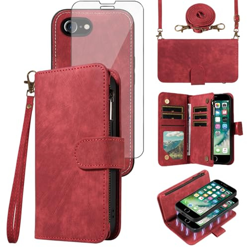 Phone Case for iPhone 7/8/SE 2020/2022 Zipper Wallet Cell Cover with Screen Protector Crossbody Lanyard Strap Card Holder iPhone7 iPhone8 7s 8s i SE2020 SE2022 2/2nd/3/3rd Generation Women Girls Red