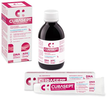 Curasept Kit Trattamento Lenitivo 0.20% | Collutorio 200 ml + Gel Dentifricio 75 ml | Azione Intensiva Antiplacca e Calmante per Gengive Irritate, Senza Alcool, Sistema ADS Antimacchia