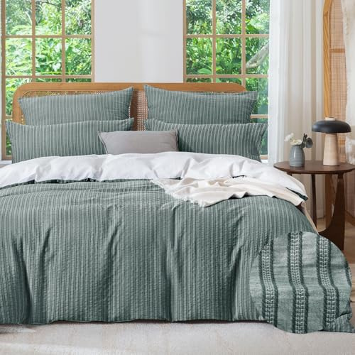 SOULFUL Bettwäsche 135x200 Baumwolle 4teilig Jacquard Oeko-TEX DunkelGrün | Gewaschene Baumwolle Boho Bettwäsche-Sets mit Reißverschluss Atmungsaktiv Enthält 2 Bettbezug 135x200 und 2 Kissenbezug 80x80