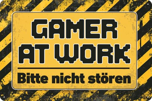 Retro Blechschild, Hinweis Schild für Gamer und das Gaming Zimmer – GAMER AT WORK, Bitte nicht stören! – 20 x 30 cm