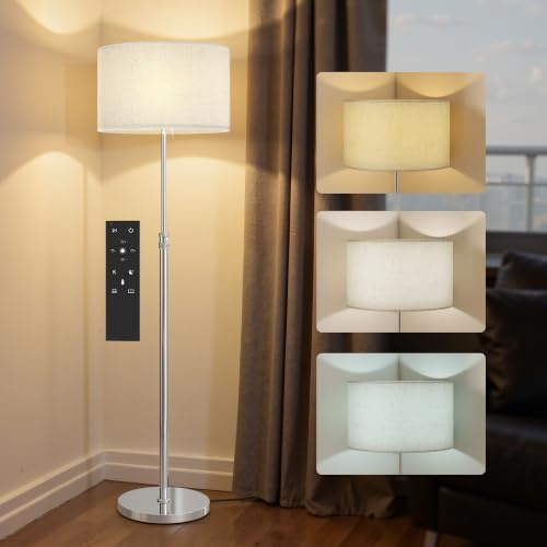 HOMCOM 40cm Floor Lamp with Remote, Height Adjustable, Linen Shade, Silver | Standing Lamp, Dimmable, 3000K-6000K Adjustable Colour Temperatures, Foot Switch, Living Room, Bedroom, Office