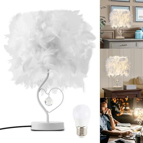 Viitech Weiße Feder-Tischlampe, E27 LED 3000-4000K Feder-Tischleuchte mit Feder Lampenschirm, Feder-Nachttischlampe mit Schalter Moderne Nachtlicht Tischlampe für Kinderzimmer Schlafzimmer Wohnzimmer