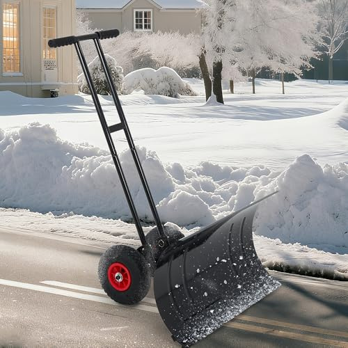 Pala quitanieves ajustable en altura con ruedas, 5 posiciones, ergonómica, resistente a la intemperie, para ahorrar espacio, plegable, de hierro laminado en frío