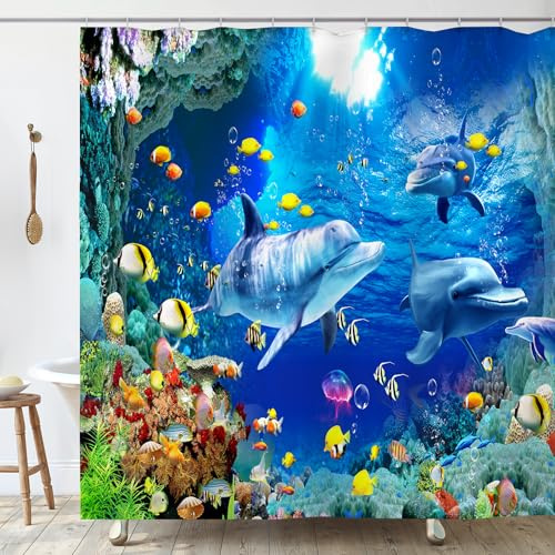 OCEUMACO Rideau Douche Anti Moisissure 180x180 cm Dauphin Rideau de Douche Baignoire Tissu Imperméable Polyester Poisson Océan Bleu Rideaux Salle de Bain avec Anneaux Tissus Lavable Machine