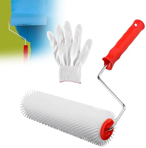 Aoreun Rouleau Debulleur 23cm, Rouleau à pointes Dents de 14 mm Anti Mousse, Rouleau Debulleur Ragreage avec Gants pour Auto-nivelant Anti-Bulles, Construction Sol (Poils rigides)