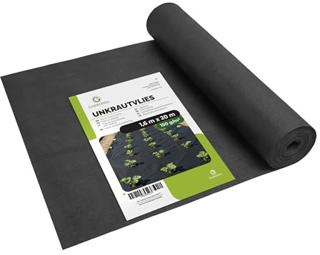 Garronda Toile de Paillage 150g/m² Geotextile 1,6m x 20m 32m² Noir GD-0177 | Toile Anti Mauvaises Herbes, Géotextile Jardin, Stabilisé UV, Perméable à l'Eau, Résistant à la Déchirure pour Gravier Allées
