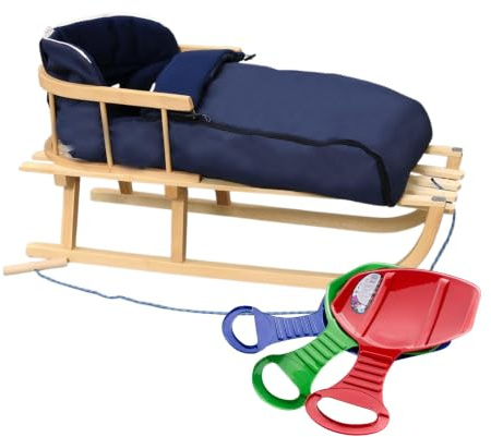 BirnePower Holzschlitten 90cm mit Rückenlehne und Winterfußsack 90cm oder 108cm Komplettset inkl. Zugseil & Gurt, Rodelschlitten aus Buchenholz